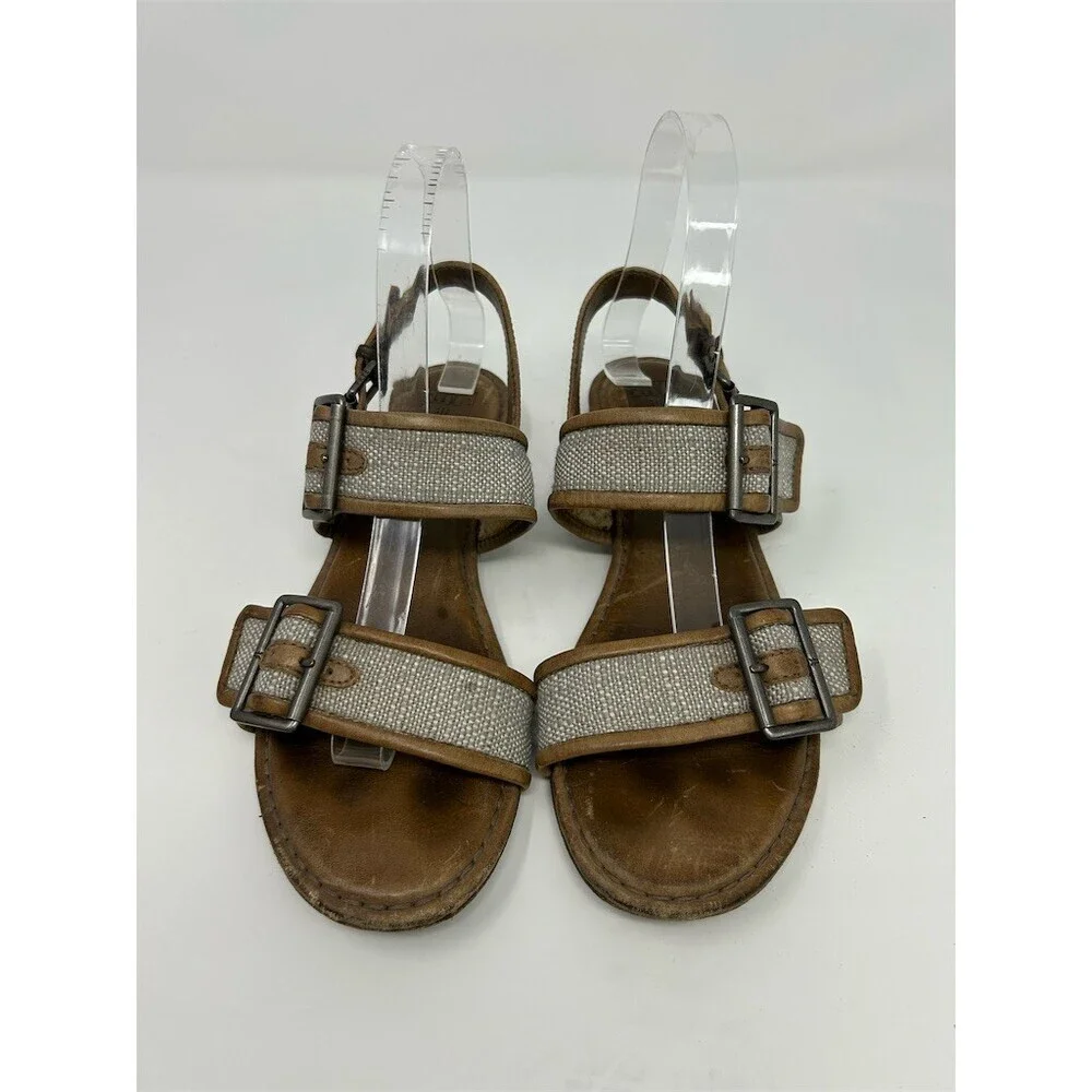Frye Phillip Buckle Slingback Sandals Womens Beige Taupe Flat Double Size 7.5